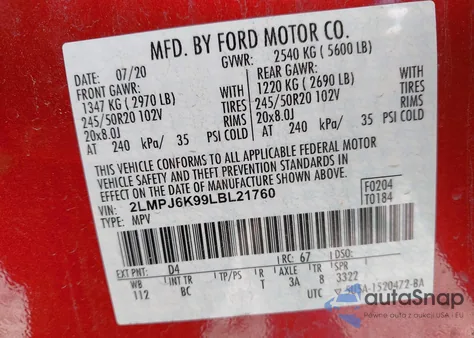 2020 Lincoln Nautilus Reserve z USA, uszkodzony, nr VIN 2LMPJ6K99LBL21760